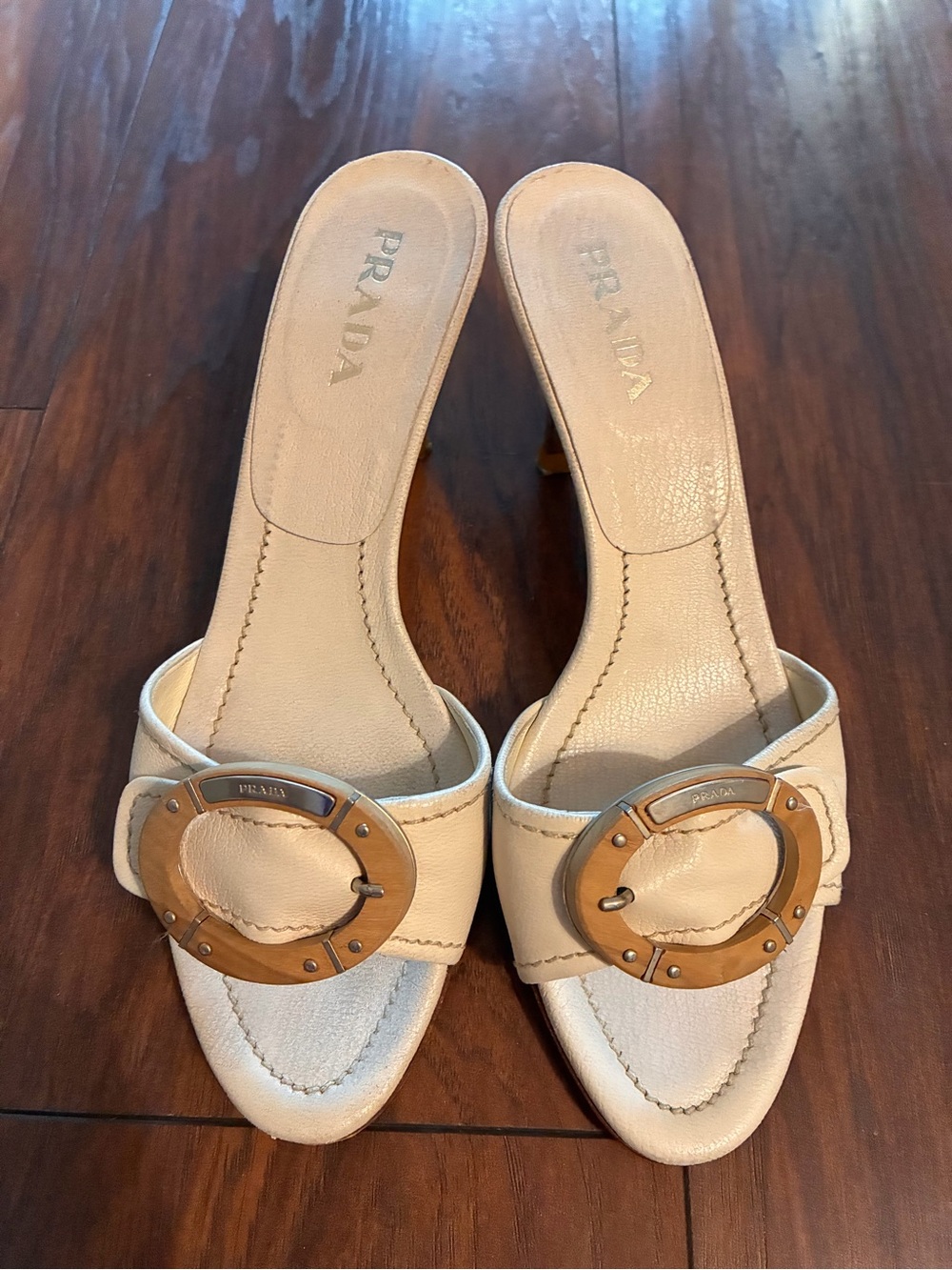 Prada Cream Leather Open-Toe Mules with Gold-Tone Ring Accent